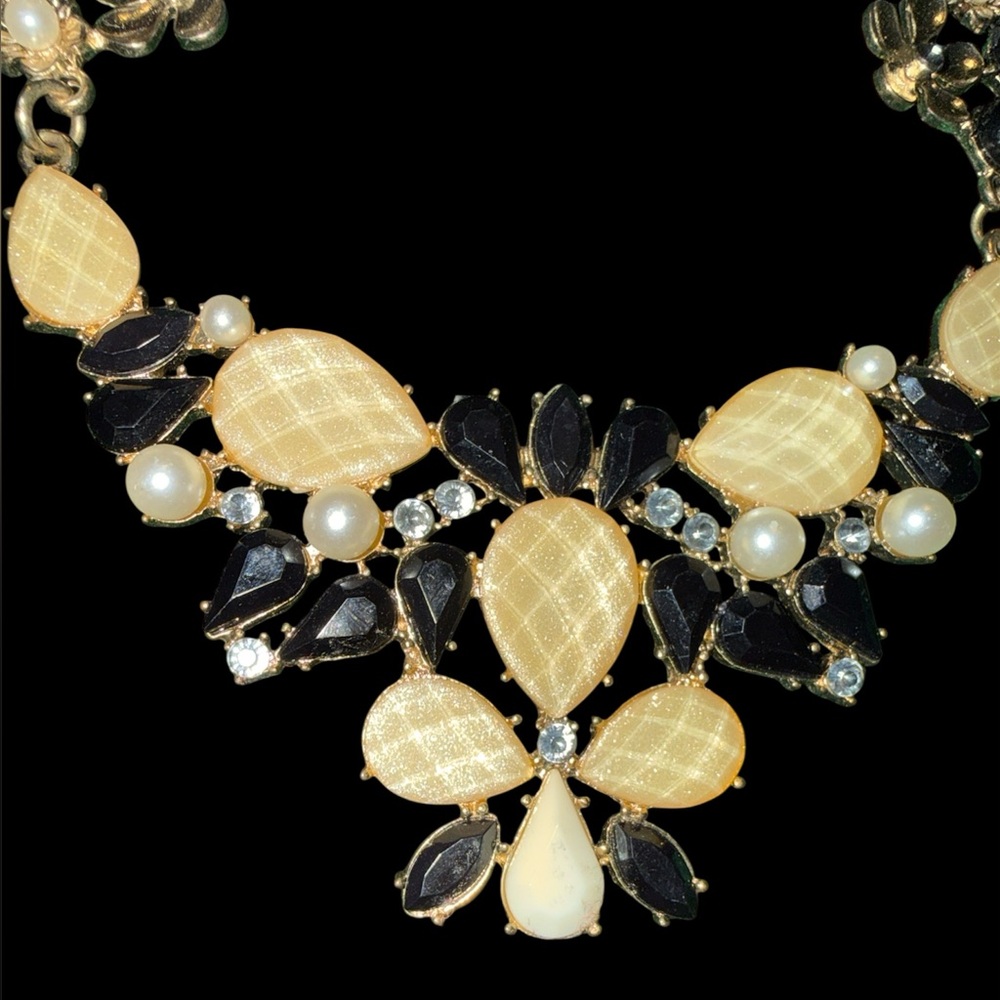 NY Gold Statement Necklace with Cream, Black and Blue Stones